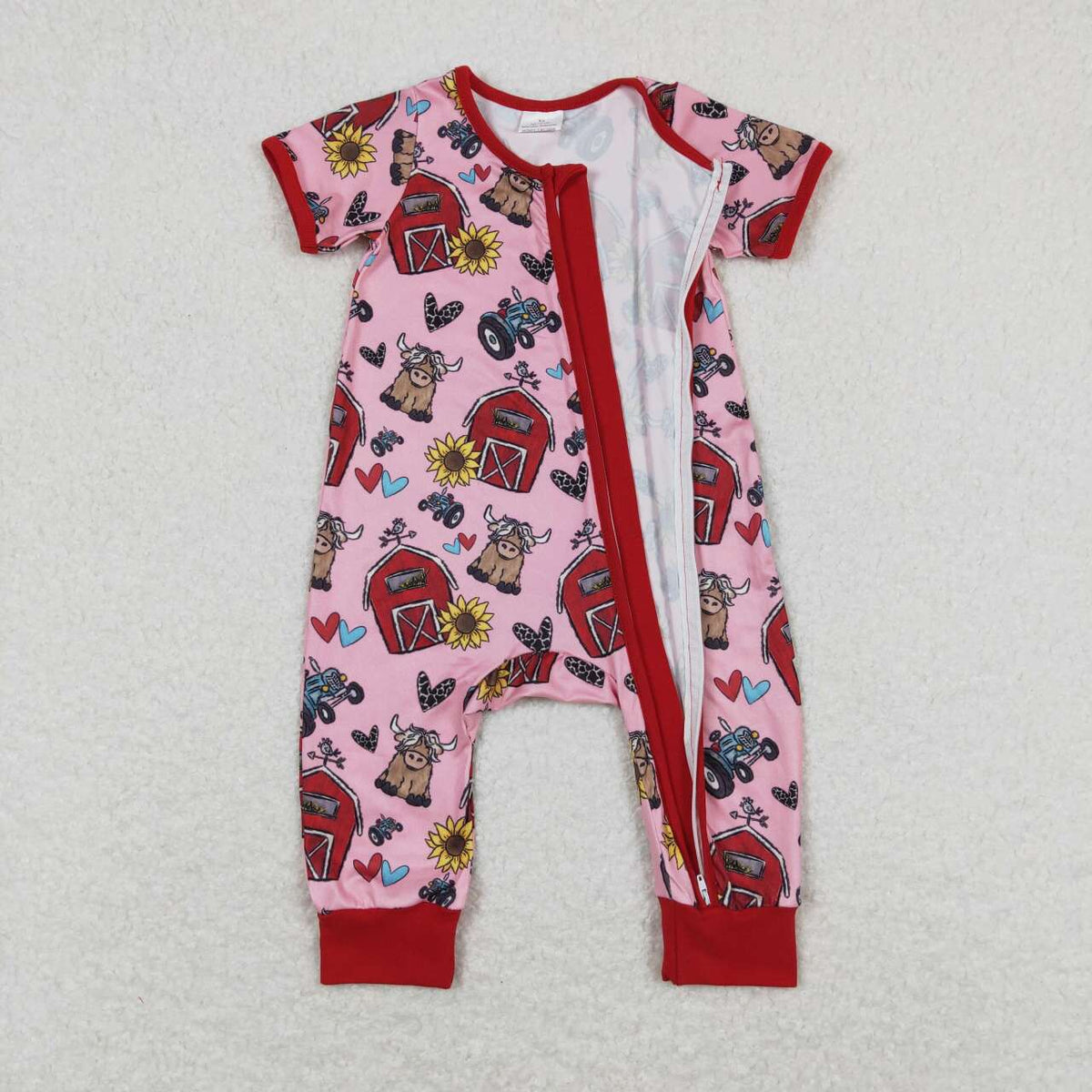 SR1368 farm house sunflower red short sleeve zipper girls romper