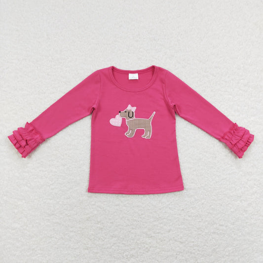 GT0409 Valentine's Day dog heart hot pink long sleeve girls pullover