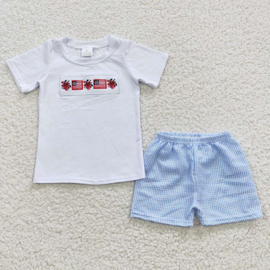 BSSO0253 4th of July Fireworks White Blue Short Embroidery Summer Boys Set