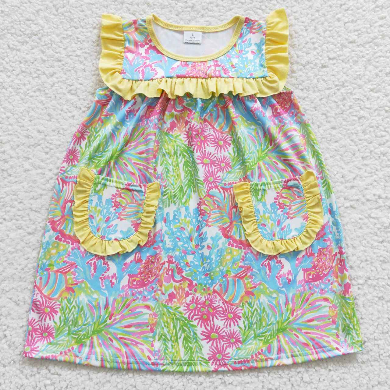 GSD0391 Pink & Blue Flowers Green Pockets Yellow Sleeveless Girl Dress