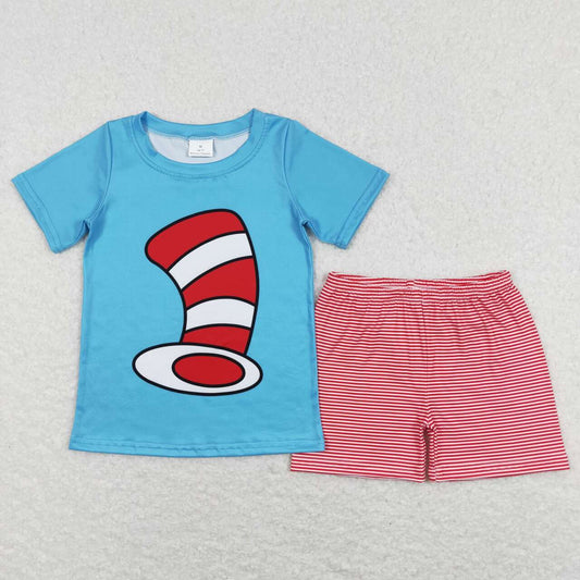 BSSO0346 Cartoon Dr blue short sleeve red striped shorts boys set