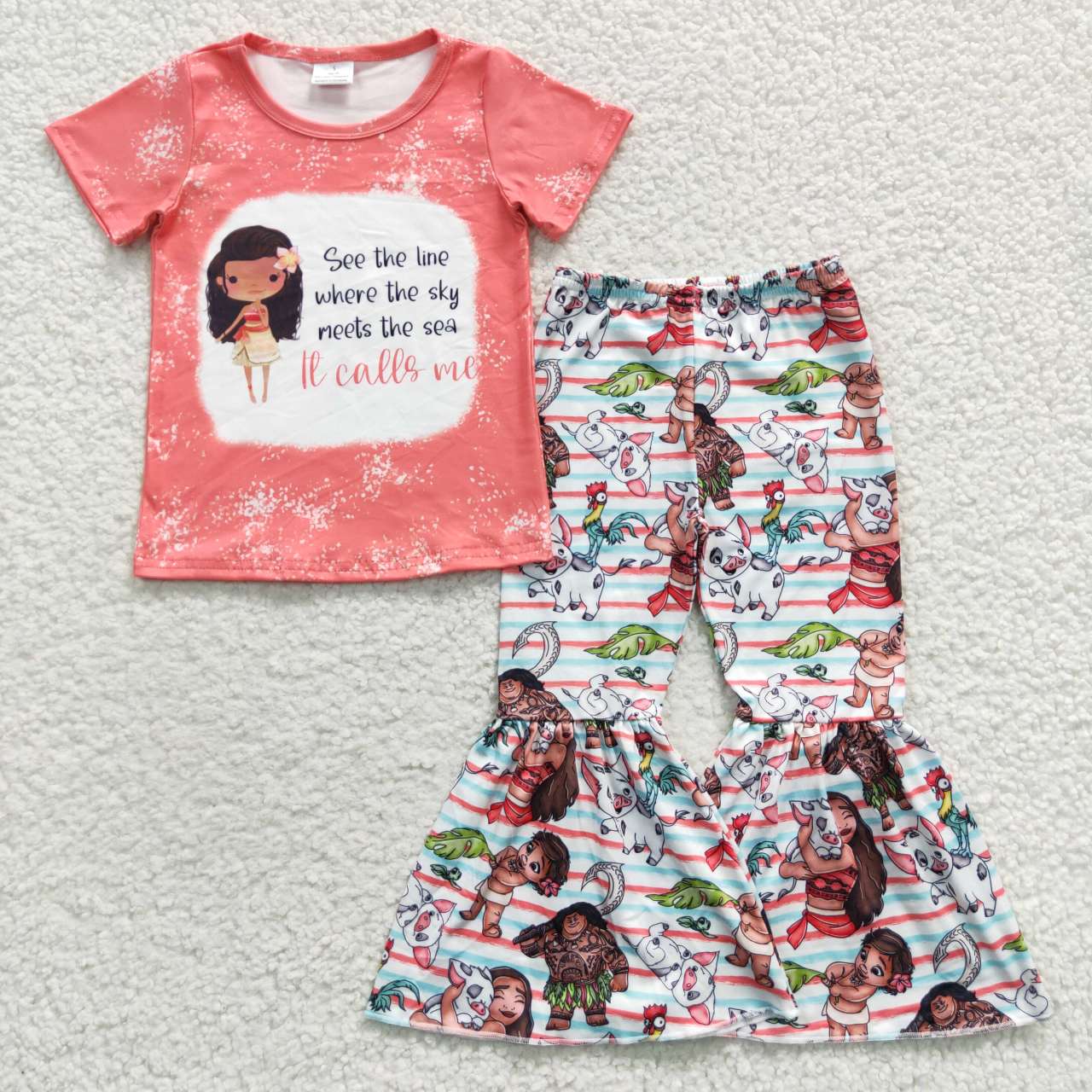 GSPO0677 See The Line Cartoon Girls Orange Top Blue Striped Pants Kids Set