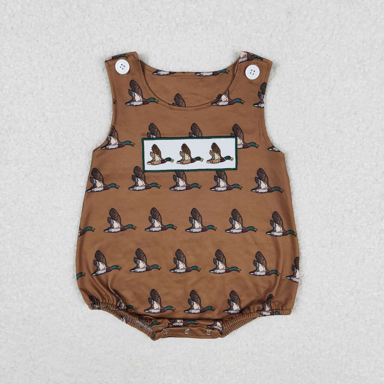 SR1285 embroidery mallard duck brown sleeveless boys romper