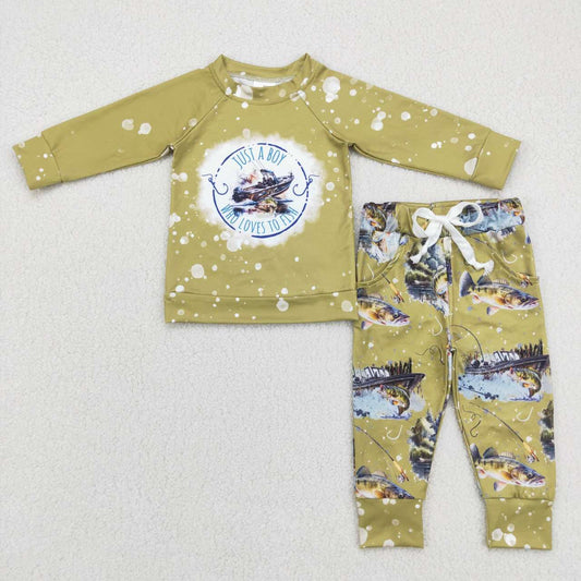BLP0338 Just a boy fishing green long sleeve pants boys set