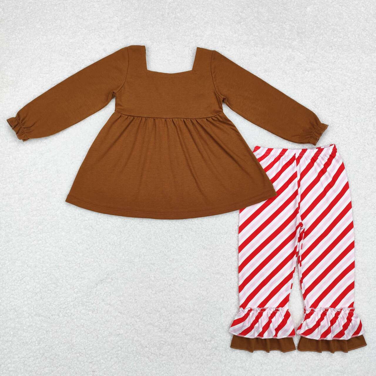 GLP1682 Christmas gingerbread man bow brown long sleeve red striped pants girls set