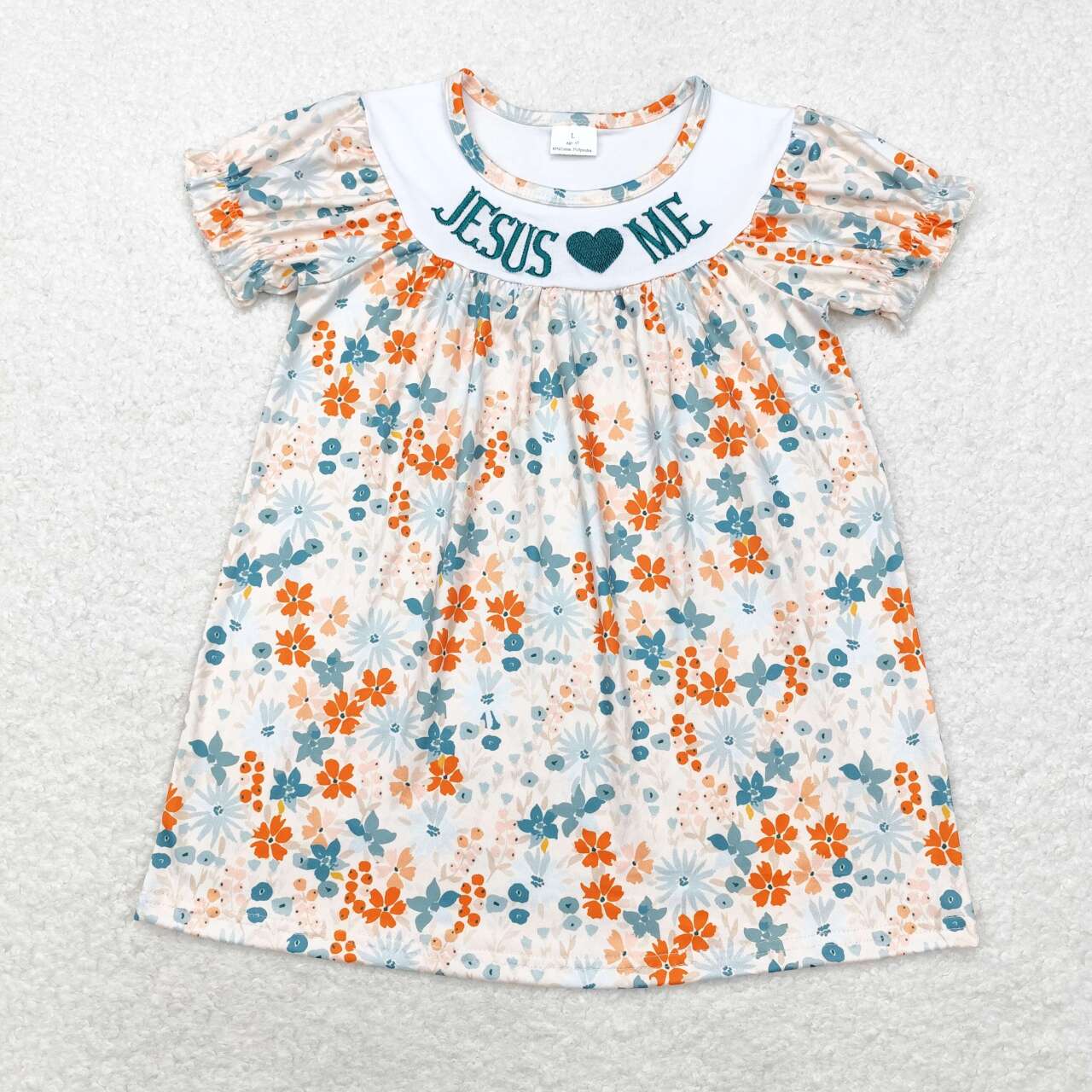 GSD1387 embroidery Jesus love me colorful flowers short sleeve girls dress