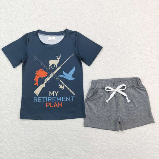 BSSO0475 Baby Boy Hunting My Retirement Plan Short Sleeve Grey Cotton Shorts Boys Set Kids Hunting Clothes