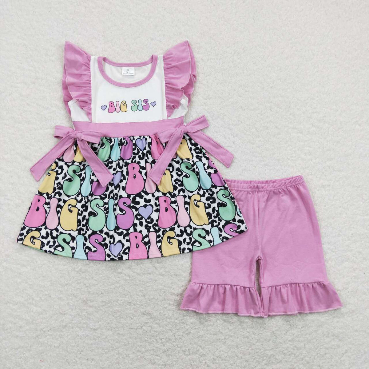 GSSO0540 Big Sister Purple Leopard Flutter Sleeve Purple Shorts Girls Set