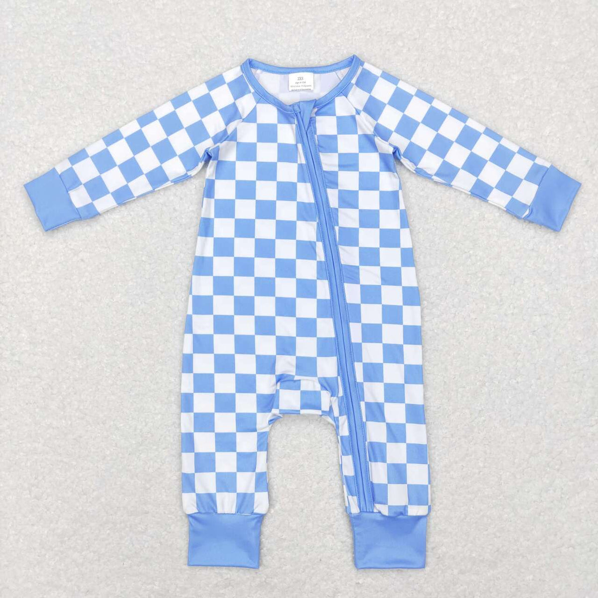 LR0811 Blue checkered zipper long sleeve kids romper