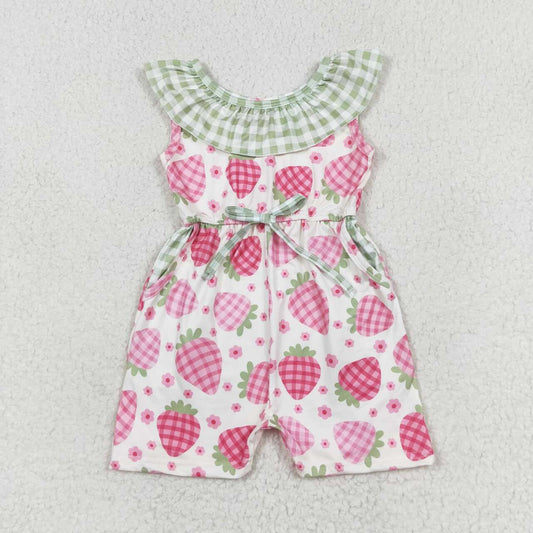 SR1565 pink cute strawberry green checkered girls Summer jumpsuits