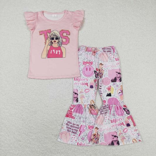 GSPO1507 country singer TS 1989 pink flutter sleeve hot pink pants girls set pop singer