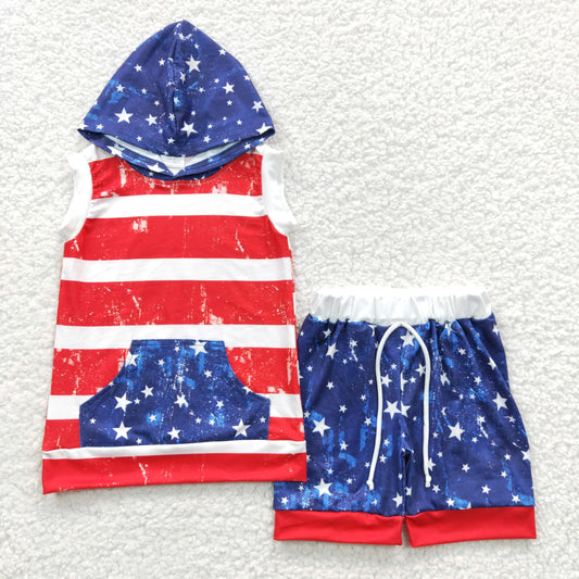 BSSO0244 4th of July Boys Star Striped Pocket Summer Hoodie Set