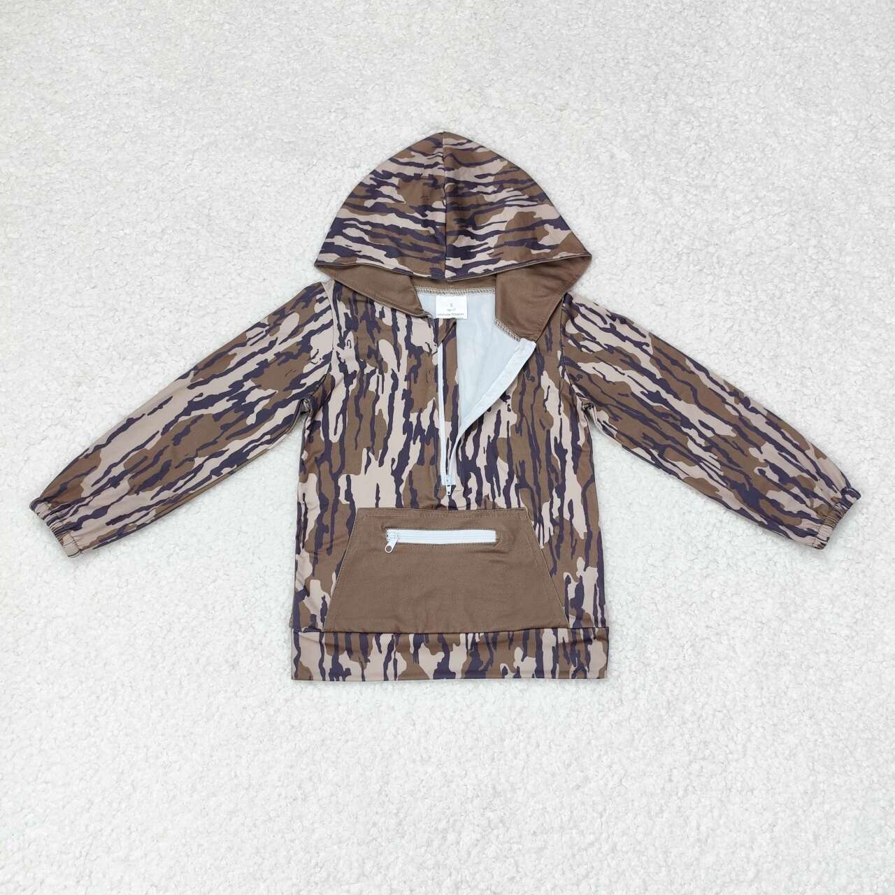 BT0753 dark green camo pocket long sleeve boys hoodie top