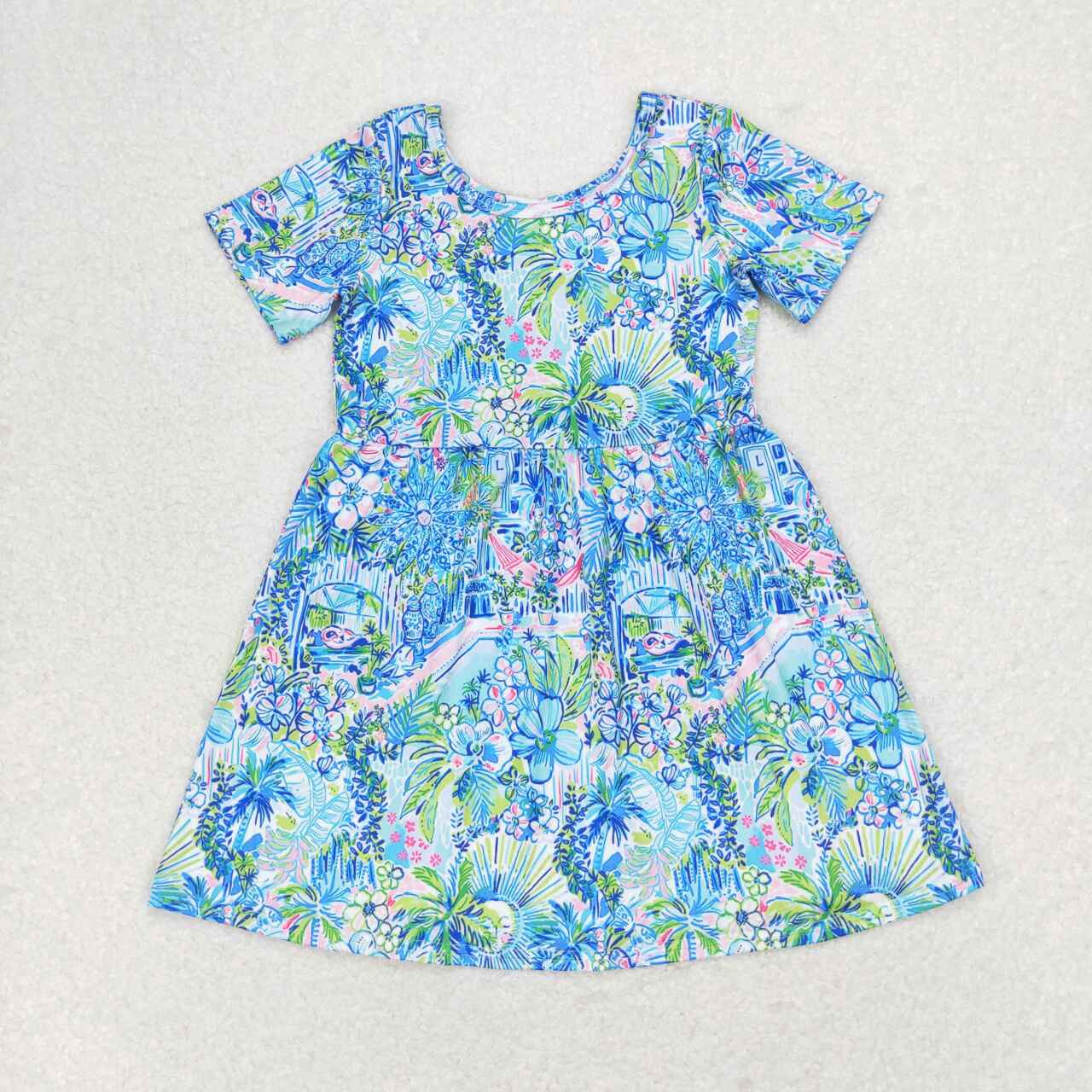 GSD1114 blue horse flowers short sleeve girls dress bright color