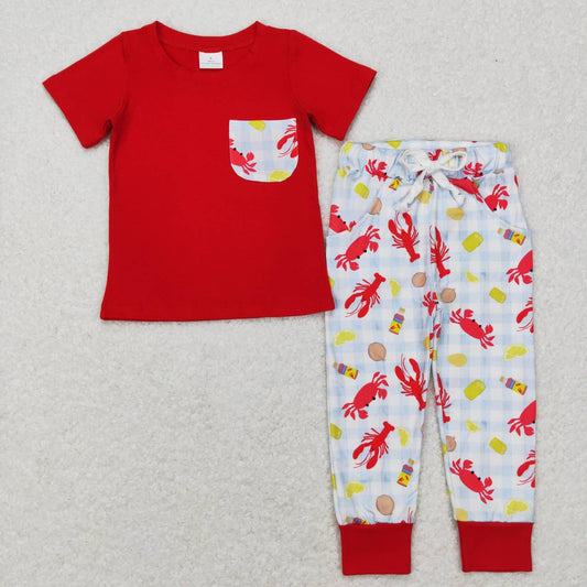 BSPO0189 Crayfish red pocket short sleeve pants boys set