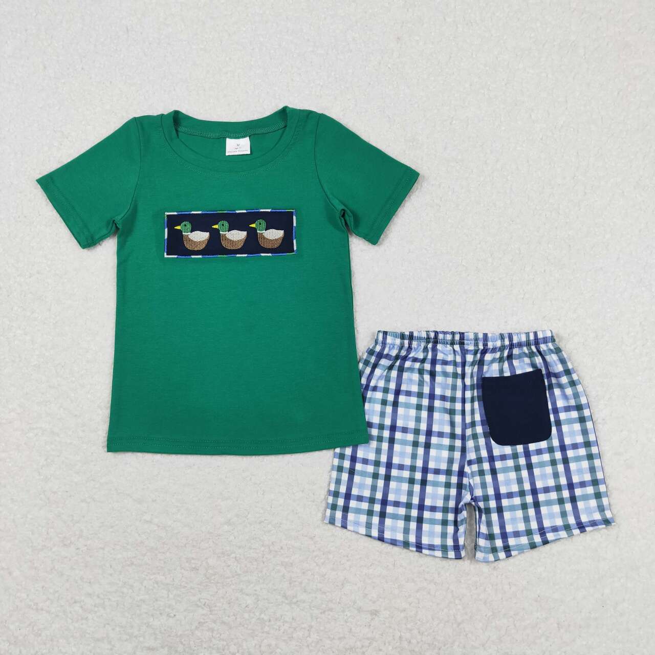 BSSO0589 embroidery Mallard green short sleeve checkered shorts boys set