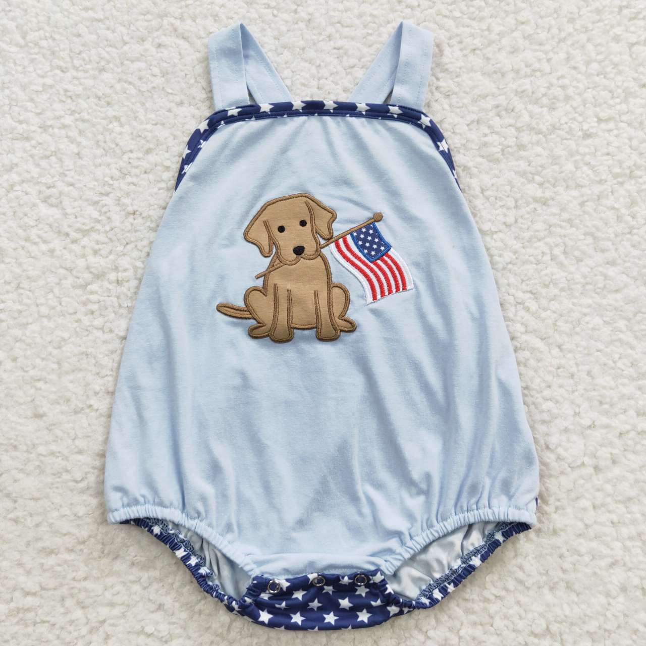 SR0331 Embroidery 4th of July Dog Blue Sleeveless Summer Romper