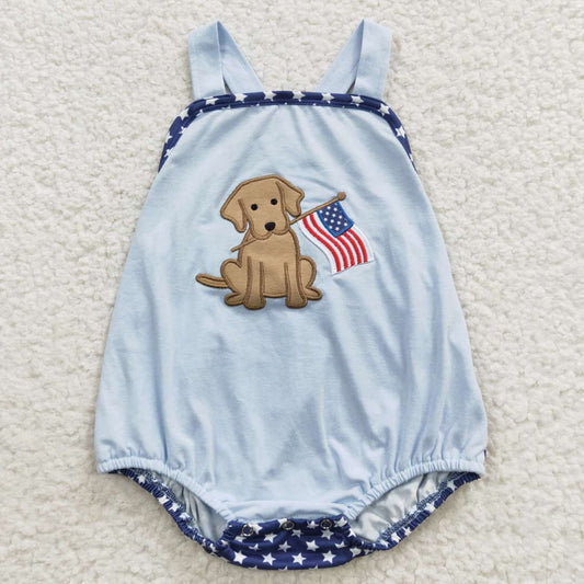 SR0331 Embroidery 4th of July Dog Blue Sleeveless Summer Romper