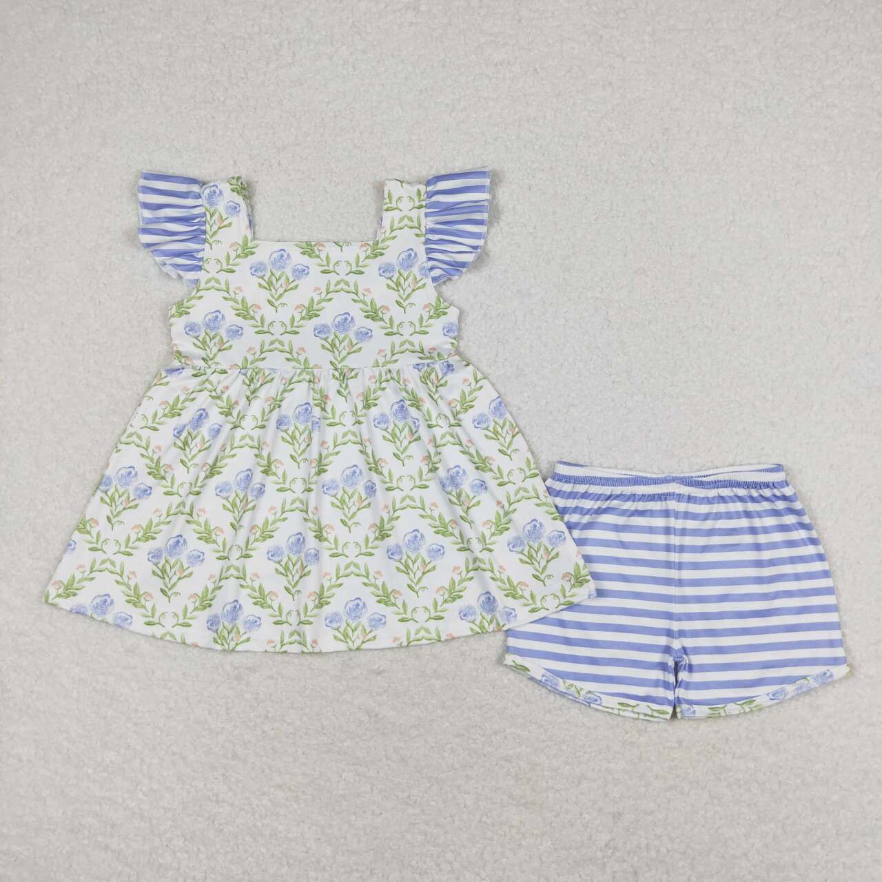 GSSO0938 blue flowers flutter sleeve blue striped shorts girls set