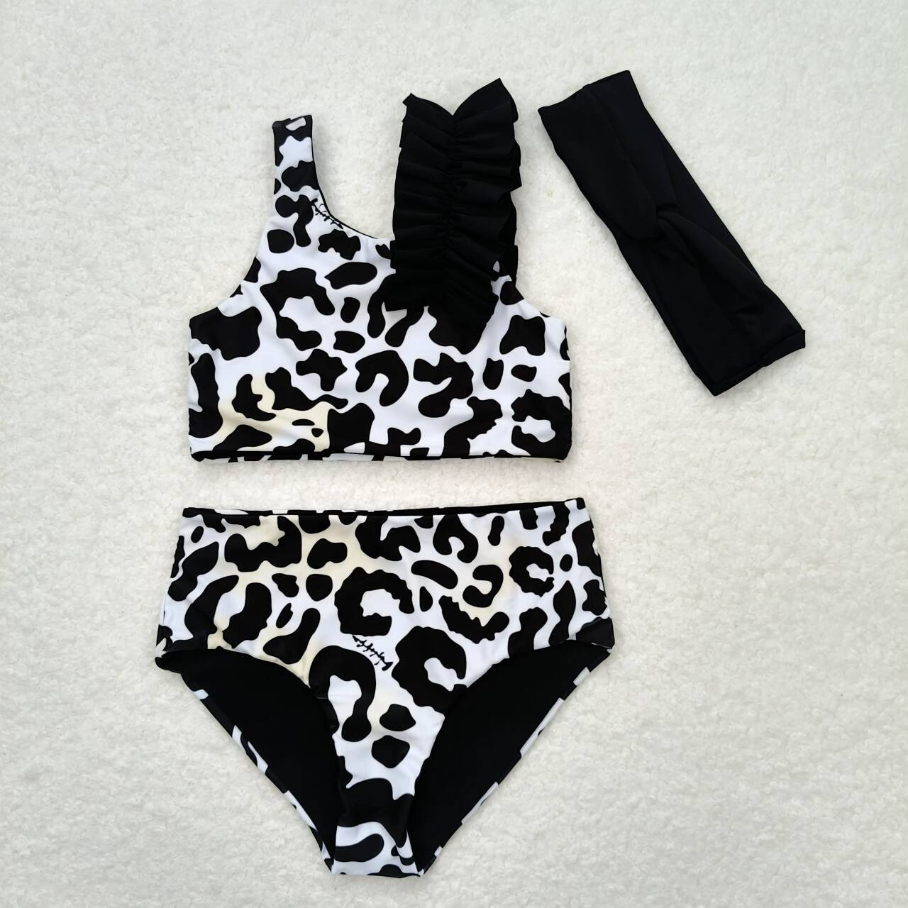 S0224 Blue leopard sleeveless girls swimsuits with bow