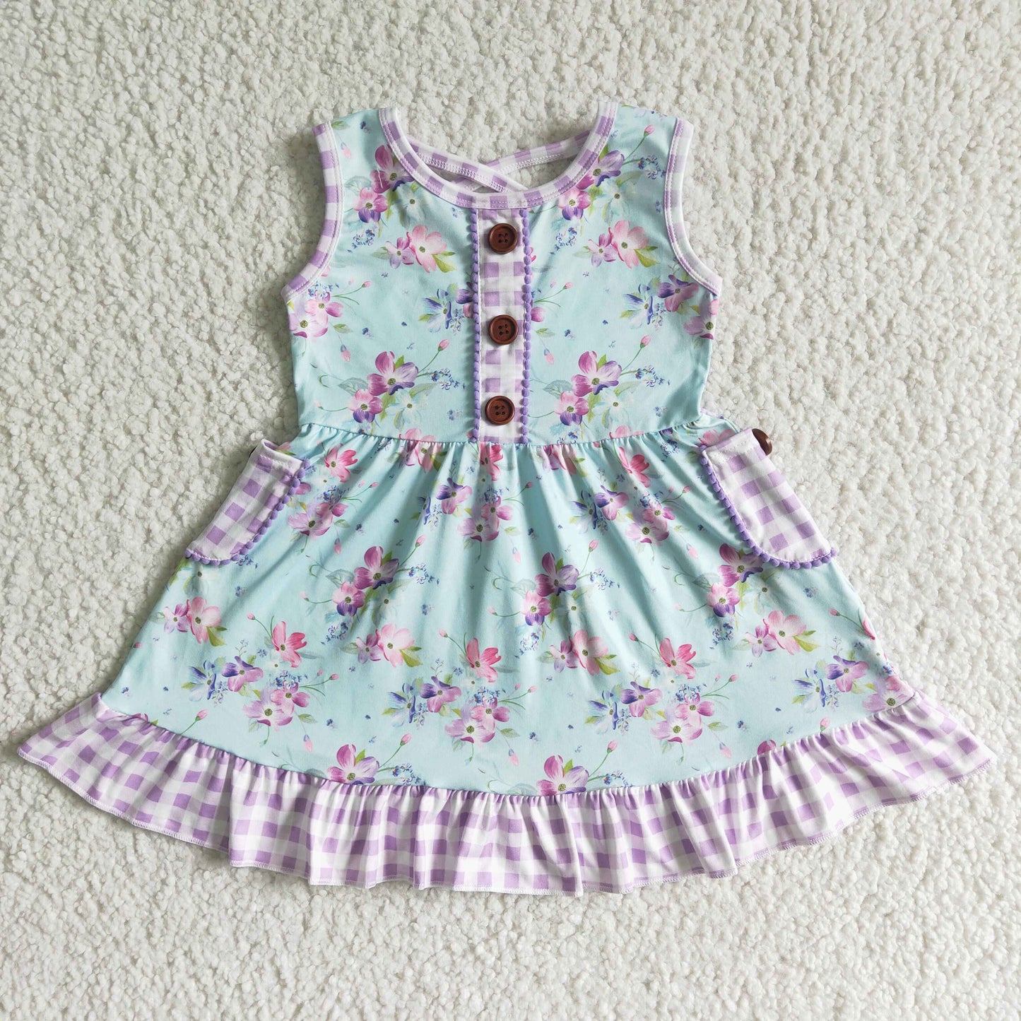 GSD0051 flowers purple checkered pocket blue sleeveless girls dress