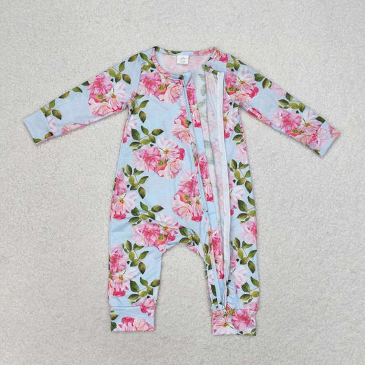 LR0880 Blue Flowers Long Sleeve Zipper Girls Romper