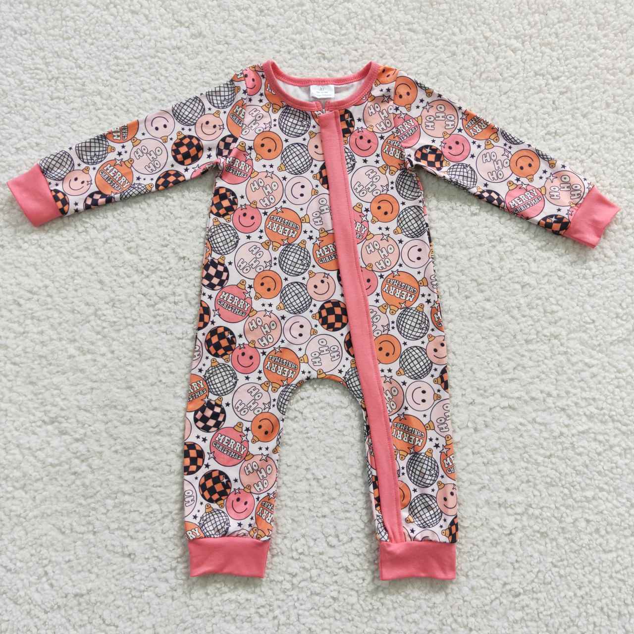 LR0297 Merry Christmas Smile Pink Long Sleeves Kids Romper