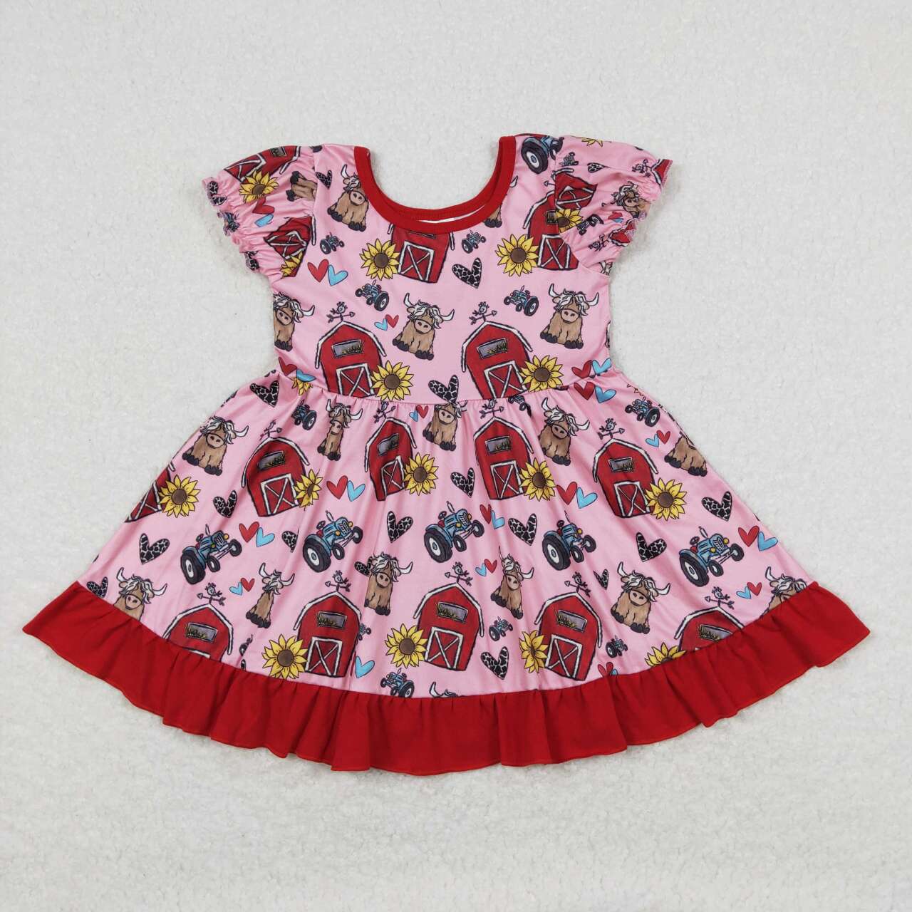 GSD1025 farm house sunflowers highland cow red short sleeve girls dress