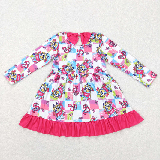 GLD0477 Cartoon dog hot pink long sleeve girls dress