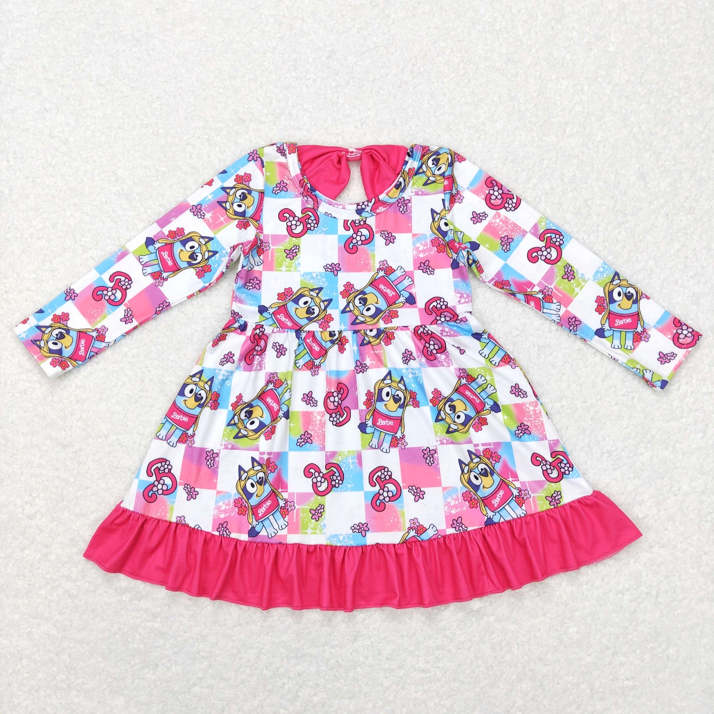 GLD0477 Cartoon dog hot pink long sleeve girls dress
