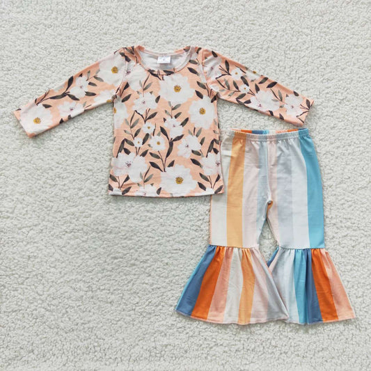 GLP0447 Orange Flowers Long Sleeves Colour Striped Pants Girls Set