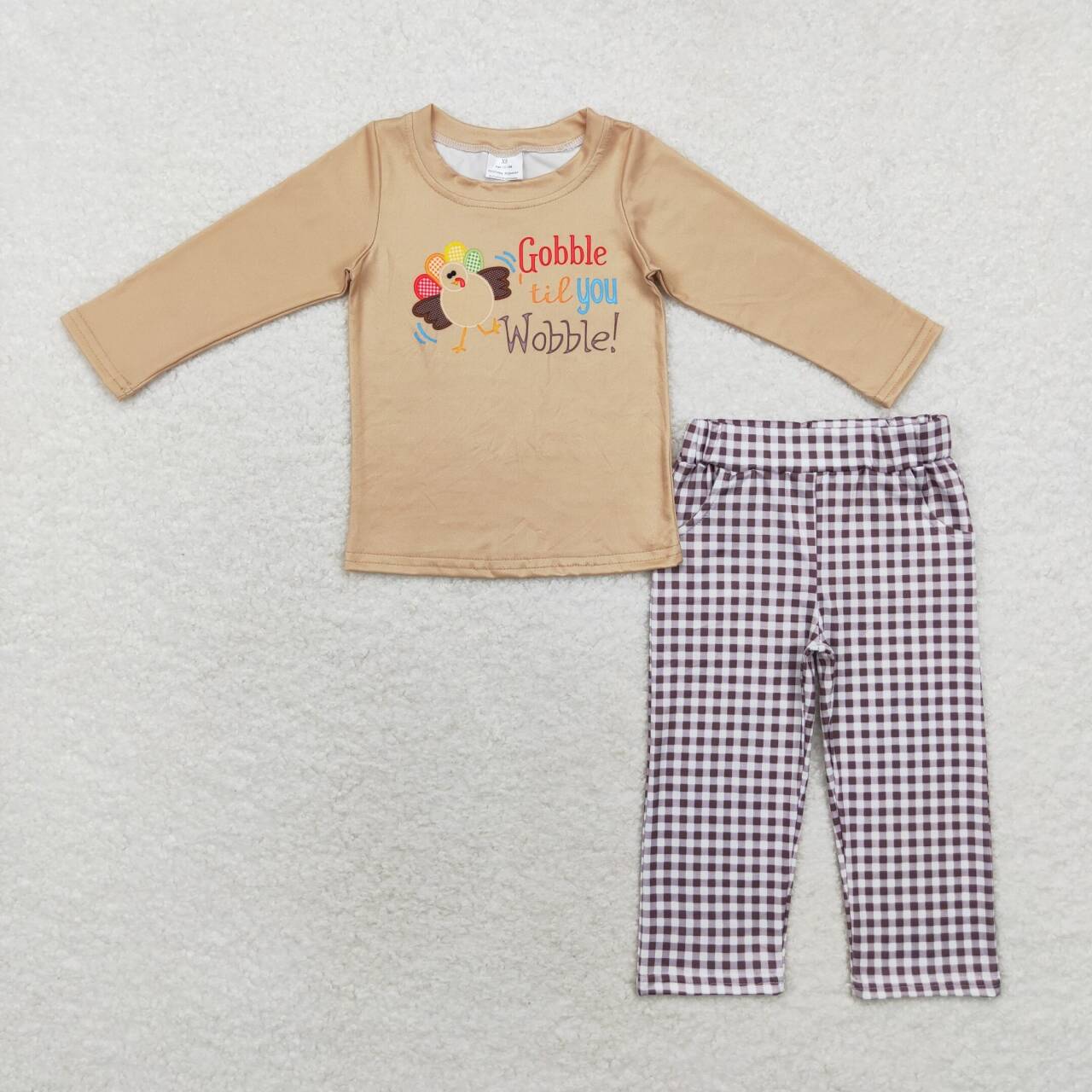 BLP0503 Thanksgiving Gobble turkey khaki long sleeve checkered pants boys set
