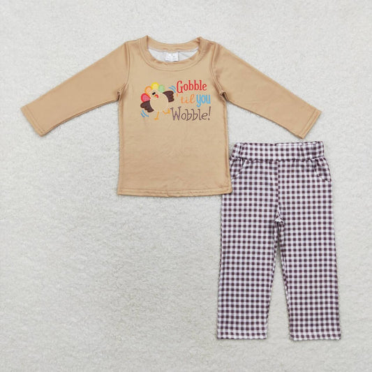 BLP0503 Thanksgiving Gobble turkey khaki long sleeve checkered pants boys set