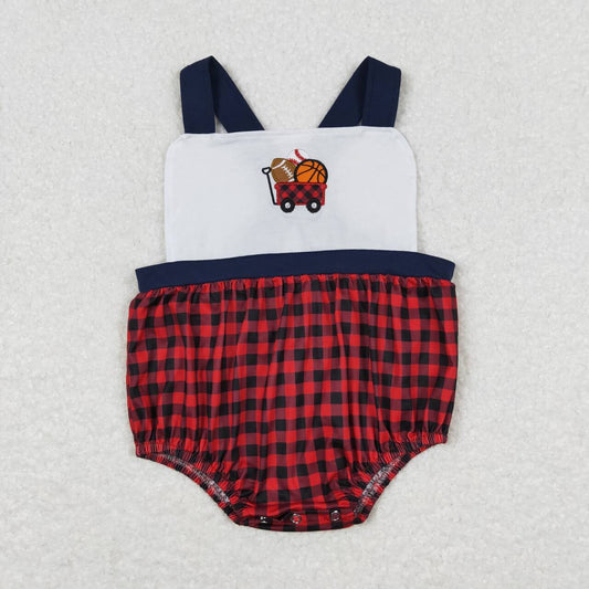 SR0753 Football Basketball Baseball Red Checkered Sleeveless Boys Romper