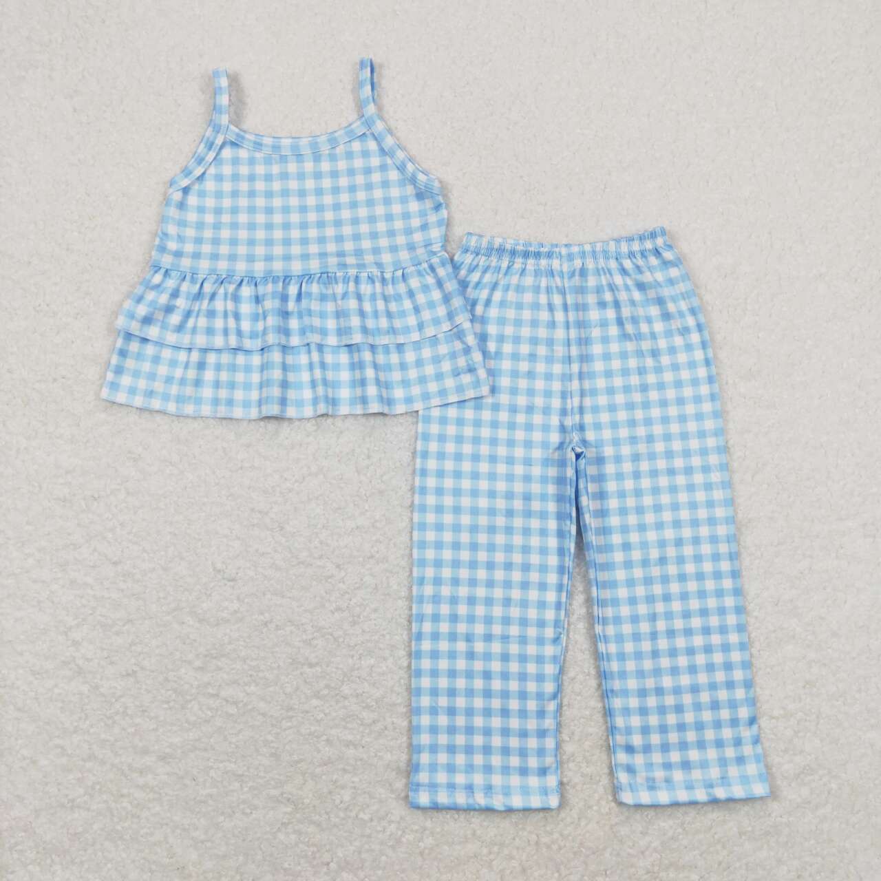 GSPO1378 Blue checkered sleeveless pants girls set