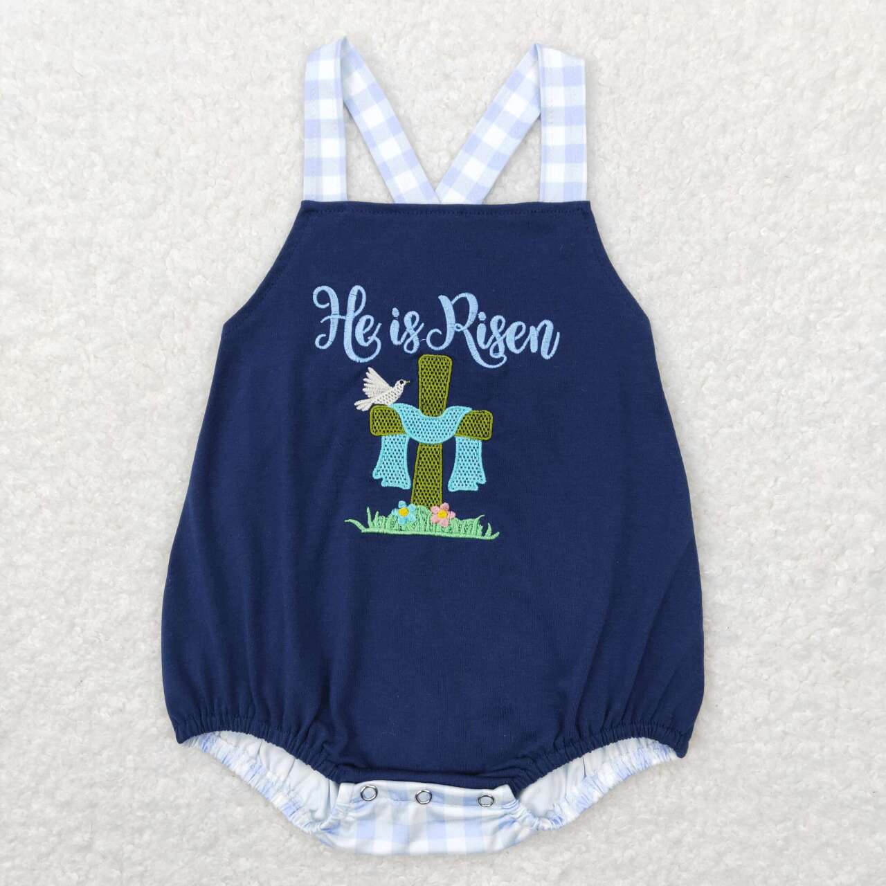 SR0565 Easter He is Risen blue sleeveless boys romper