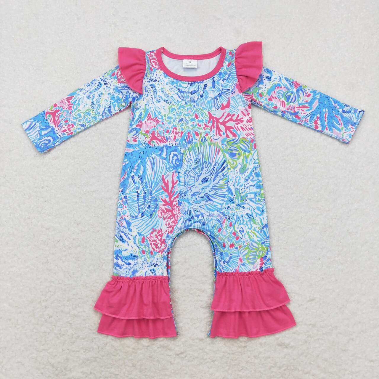 LR1327 colorful flowers blue print hot pink long sleeve girls romper