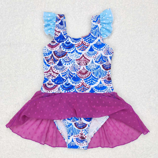 S0154 Mermaid purple flutter sleeve girls swimsuit