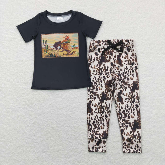 BSPO0149 Western Black Short Sleeve Ink Pattern Pants Boys Set