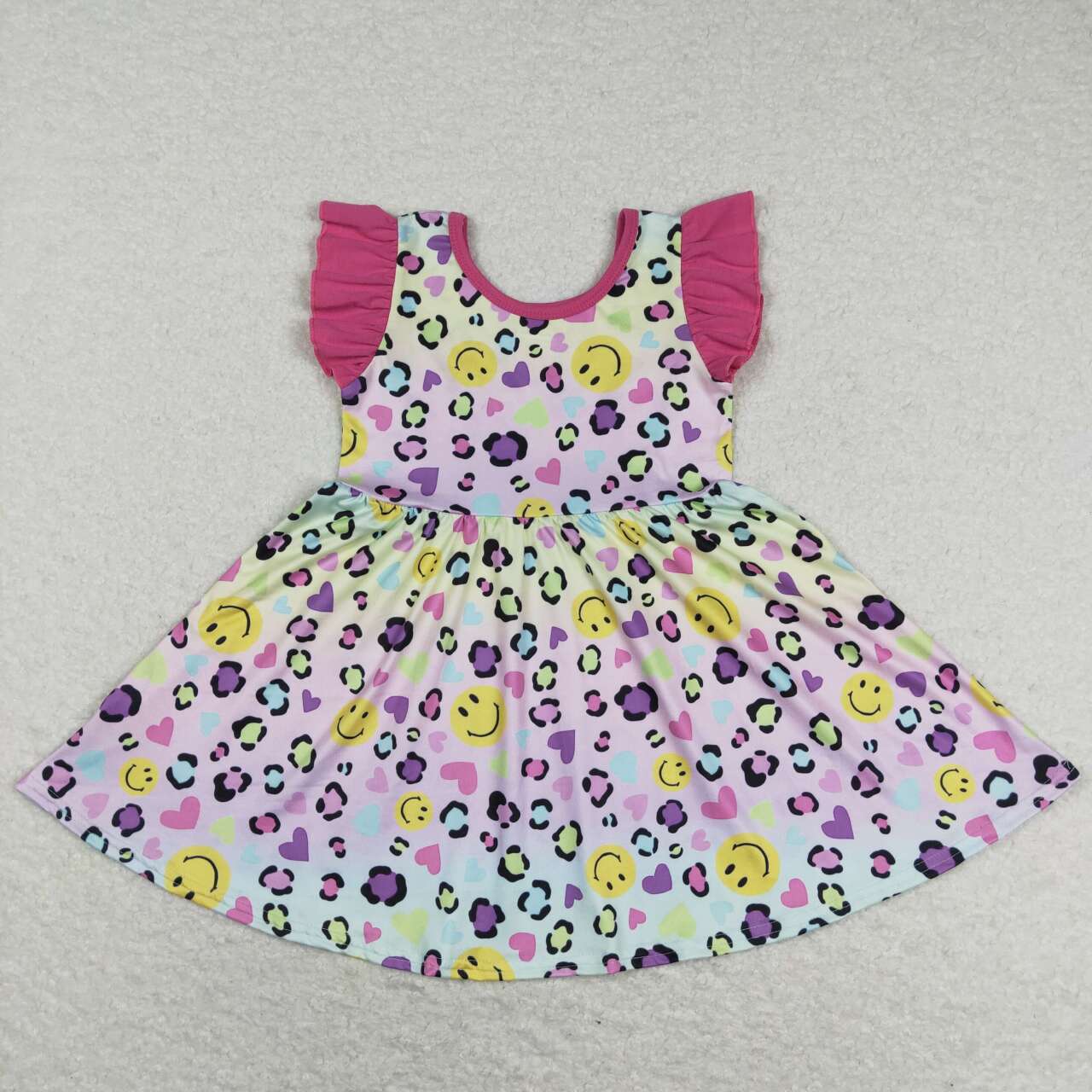 GSD0726 Valentine's Day Colorful Leopard Heart Smile Hot Pink Girls Dress