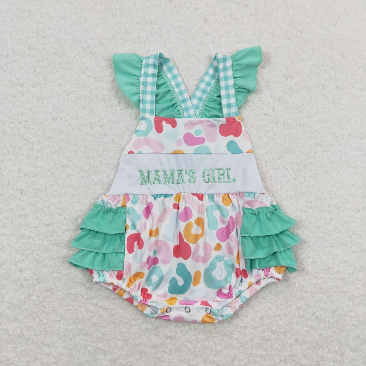 SR1246 embroidery mamas girl colorful leopard green flutter sleeve girls romper