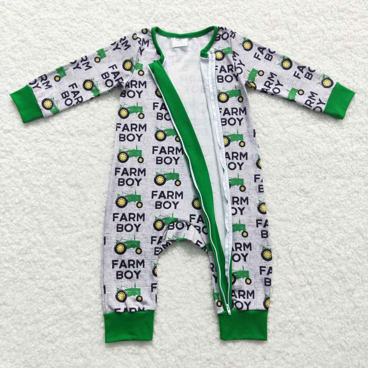 LR0688 Farm boy tractor green long sleeve boys romper