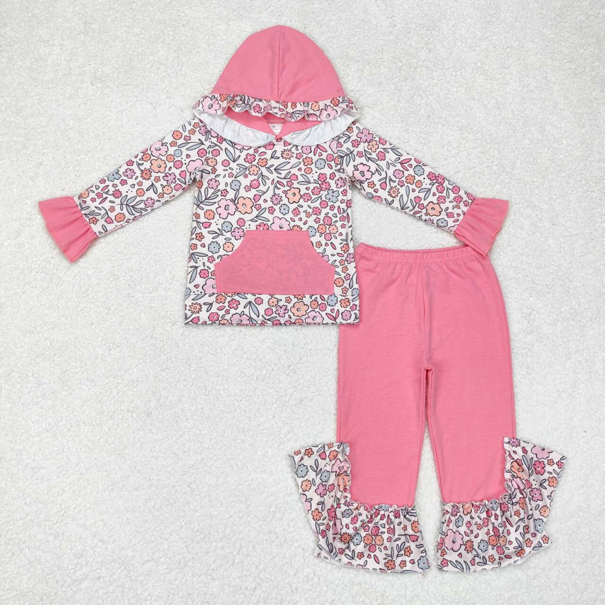 GLP1285 colorful flowers pocket long sleeve pink pants girls hoodie set