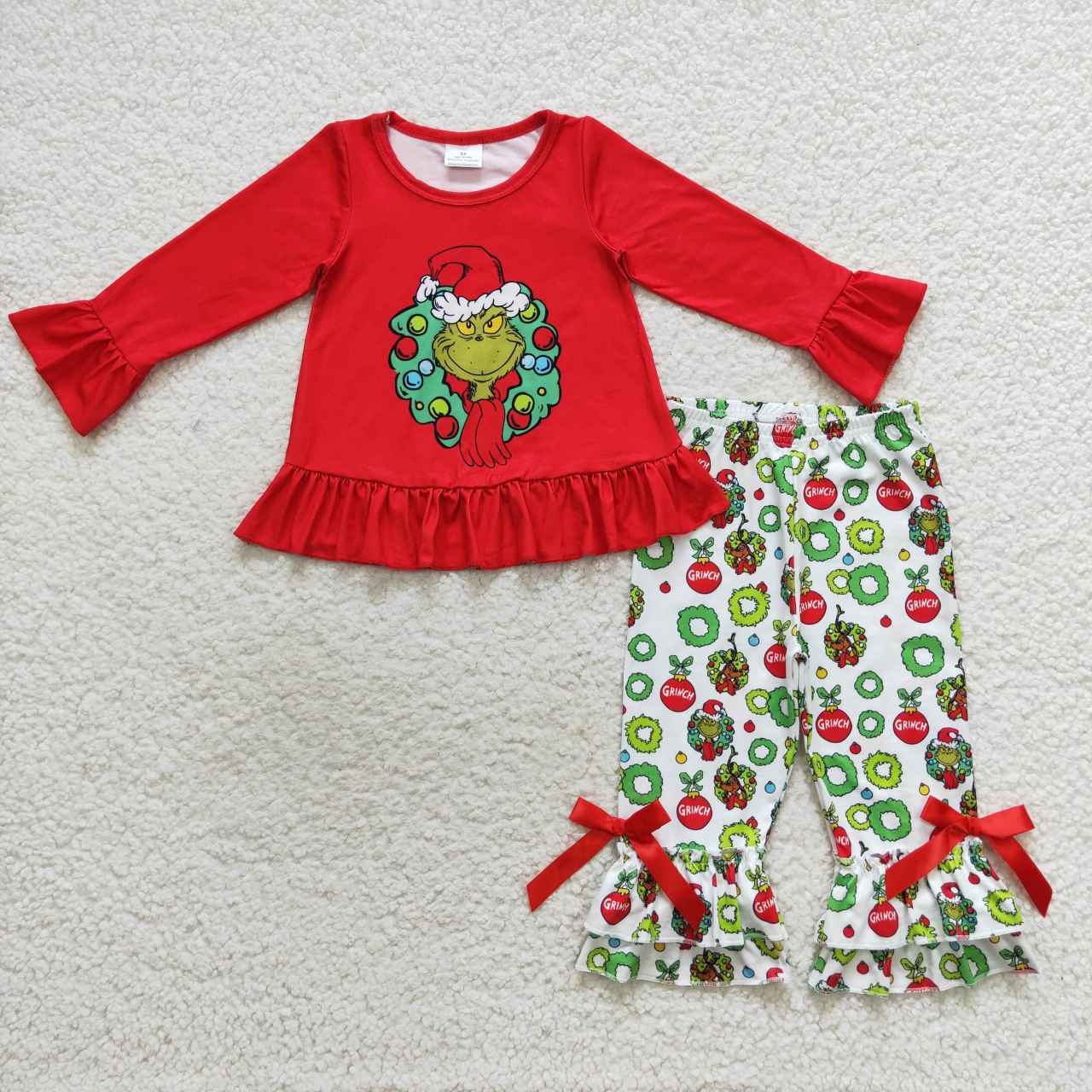 GLP0690 Christmas green face long sleeve pants girls set