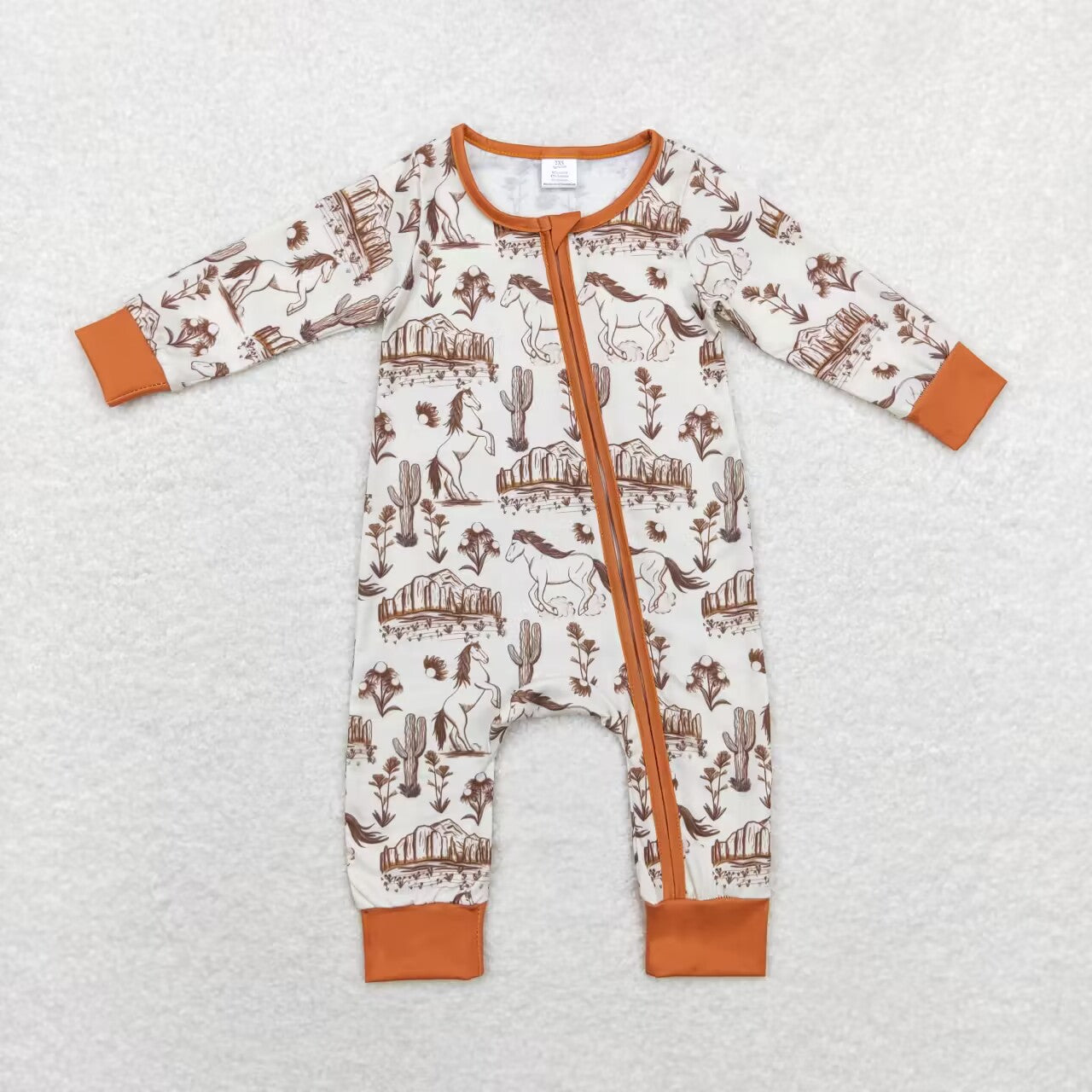 LR1164 bamboo Western horse cactus brown long sleeve zipper boys romper