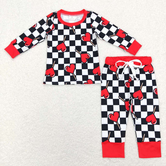 BLP0443 Valentine's Day Heart Black Checkered Long Sleeve Pants Kids Pajamas