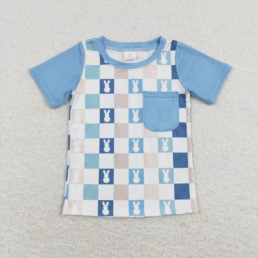 BT0590 Easter Rabbit Colorful Checkered Blue Pocket Short Sleeve Boys Top