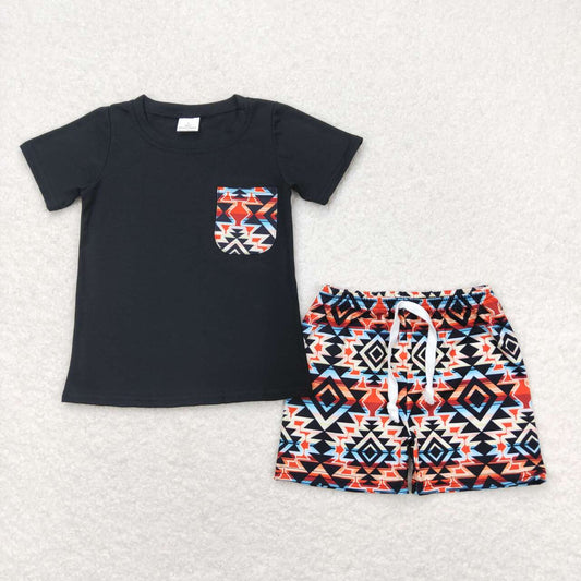 BSSO0678 Western Aztec pocket black short sleeve shorts boys set
