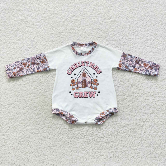LR0423 Christmas Crew Gingerbread Man Pink Long Sleeves Kids Romper