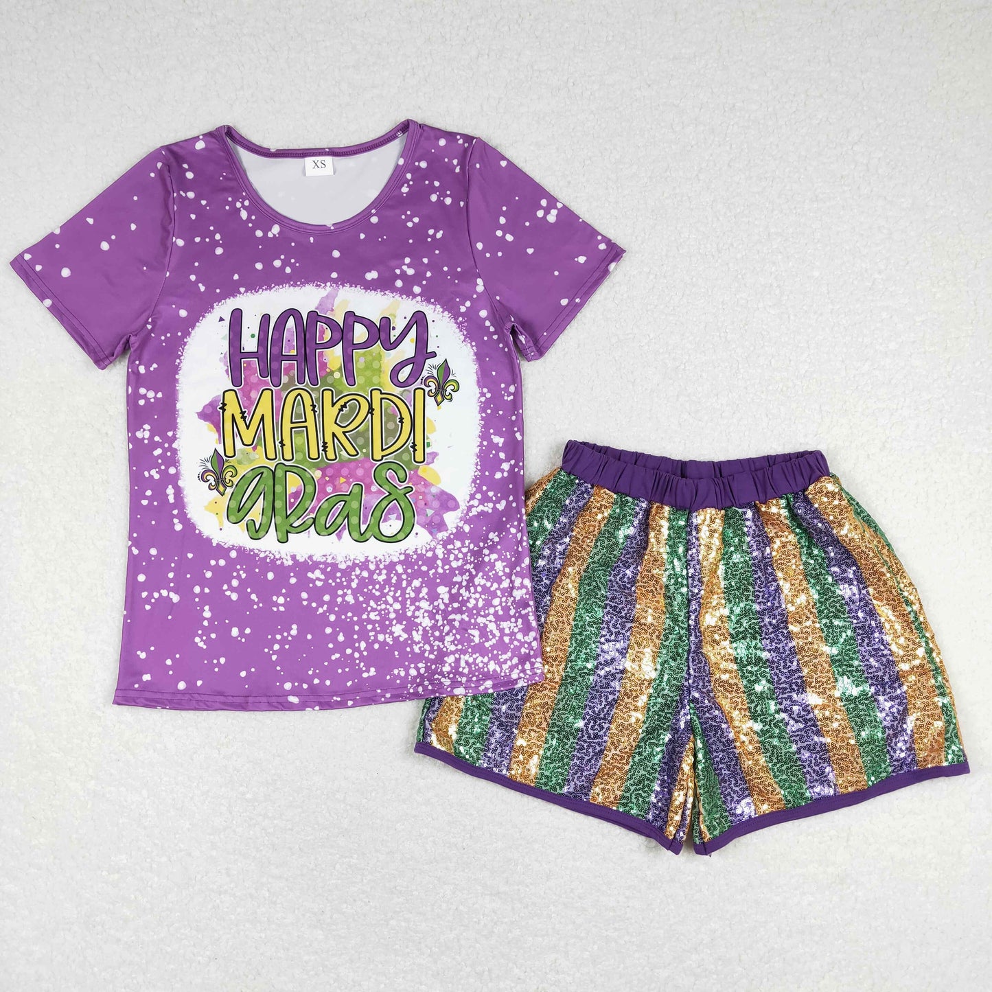 GSSO0529 Happy Mardi Gras Purple Short Sleeve Sequin Shorts Adult Set